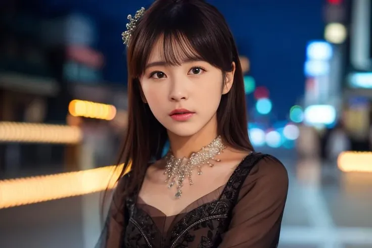 masterpiece,realistic, 4k, detailed, a close up of <lora:Kn0nFkd4:1> modeling in street of seul in the night, highly detailed face, f2.8,denoise, dof, full body, elegant black clothes, blur background,bangs