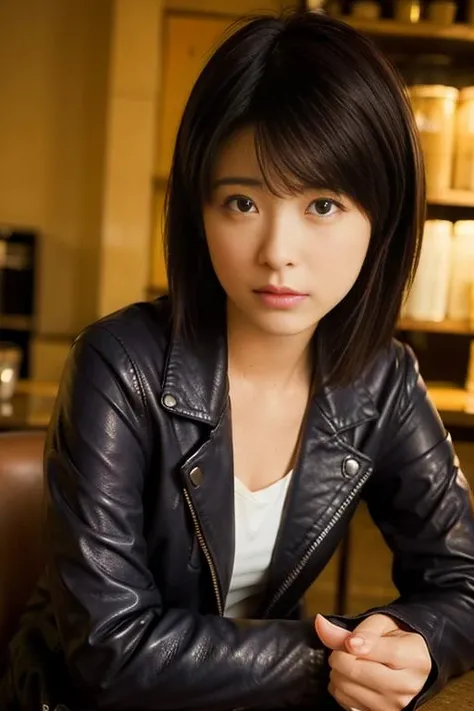 Best quality, masterpiece, ultra high res, (photorealistic:1.4), raw photo, closeup, in coffeeshop, deep shadow, dark theme, sitting down, leather jacket, <lora:Kn0nFkd4:1>