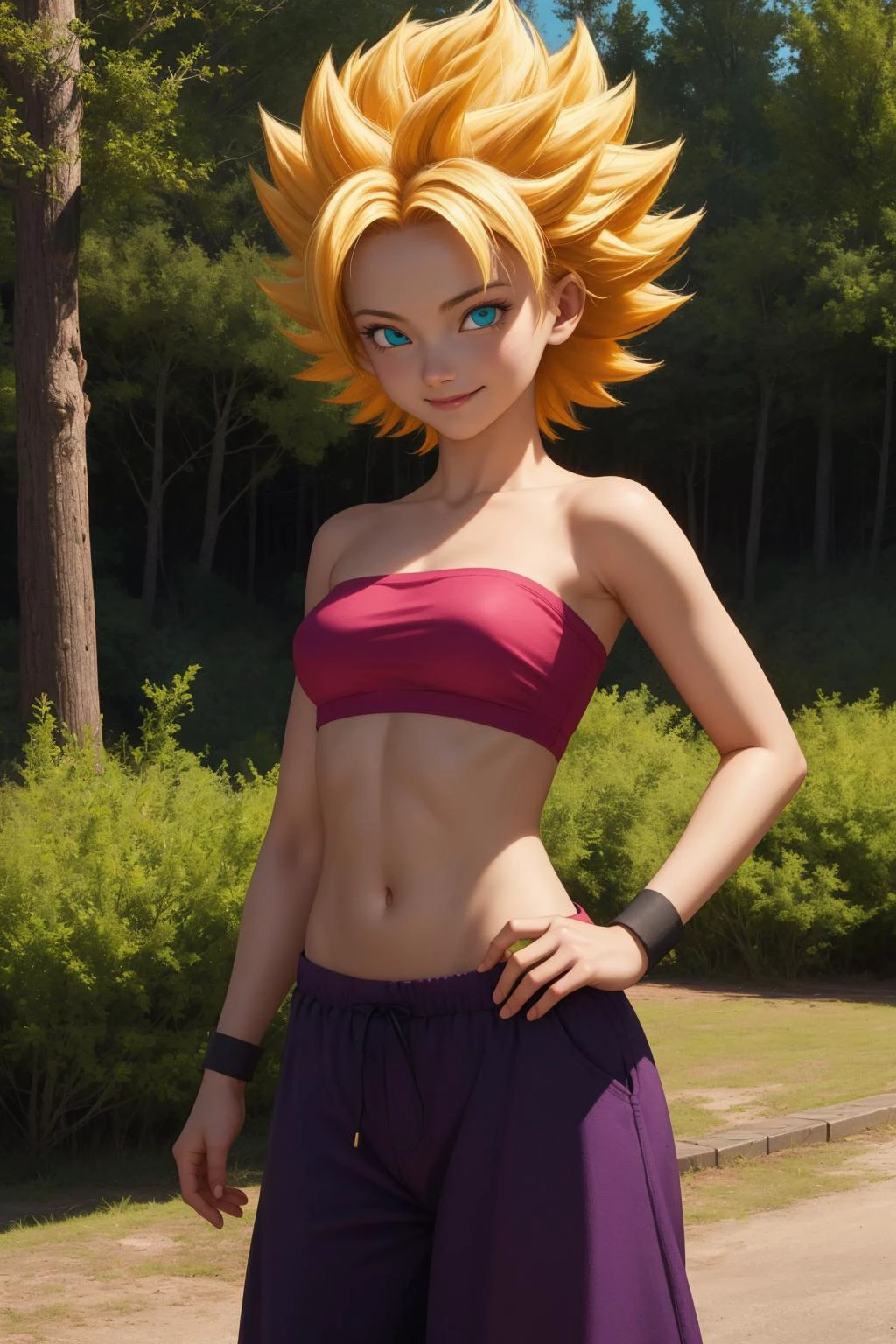 cauliflassj, 1girl, solo, aqua eyes, blonde hair, spiked hair, big hair, super saiyan,
bare shoulders, midriff, pnk top, crop top, strapless, tube top, bandeau, purple pants, baggy pants, puffy pants, black wristband,
smile,closed mouth,cowboy shot,
forest,outdoor,
(insanely detailed, beautiful detailed face, masterpiece, best quality) cinematic lighting,<lora:DBS_CauliflaSSJ_v1:1>, <lora:more_details:0.3>,