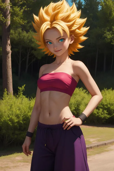 cauliflassj, 1girl, solo, aqua eyes, blonde hair, spiked hair, big hair, super saiyan,
bare shoulders, midriff, pnk top, crop top, strapless, tube top, bandeau, purple pants, baggy pants, puffy pants, black wristband, 
smile,closed mouth,cowboy shot,
forest,outdoor,
(insanely detailed, beautiful detailed face, masterpiece, best quality) cinematic lighting,<lora:DBS_CauliflaSSJ_v1:1>, <lora:more_details:0.3>,