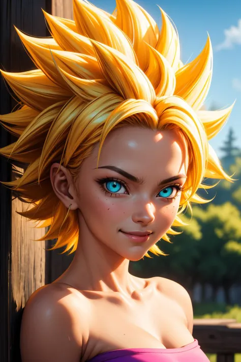 cauliflassj, 1girl, solo, aqua eyes, blonde hair, spiked hair, big hair, super saiyan,
bare shoulders, midriff, pnk top, crop top, strapless, tube top, bandeau, purple pants, baggy pants, puffy pants, black wristband,
smile,closed mouth,cowboy shot,
forest,outdoor,
(insanely detailed, beautiful detailed face, masterpiece, best quality) cinematic lighting,<lora:DBS_CauliflaSSJ_v1:1>, <lora:more_details:0.3>,