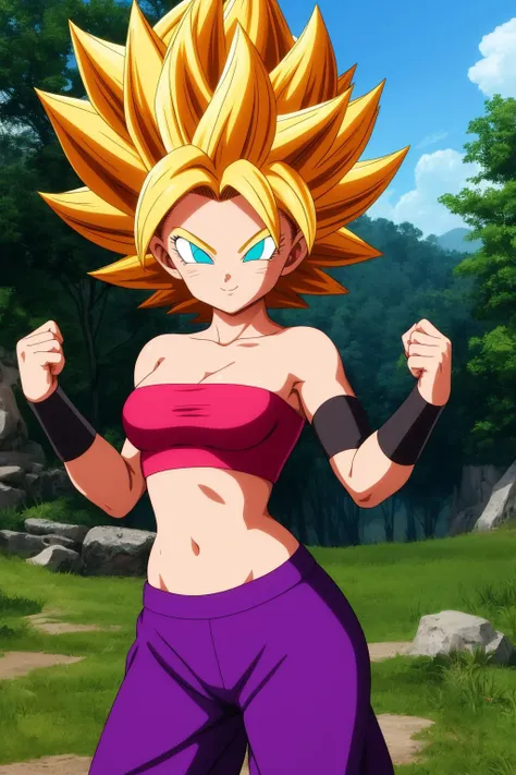 cauliflassj, 1girl, solo, aqua eyes, blonde hair, spiked hair, big hair, super saiyan,
bare shoulders, midriff, pnk top, crop top, strapless, tube top, bandeau, purple pants, baggy pants, puffy pants, black wristband,
smile,closed mouth,cowboy shot,
forest,outdoor,
(insanely detailed, beautiful detailed face, masterpiece, best quality) cinematic lighting,<lora:DBS_CauliflaSSJ_v1:1>, <lora:more_details:0.3>,