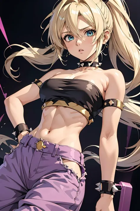 (masterpiece, best quality), 1girl,   <lora:DBS_CauliflaSSJ_v1:1> cauliflassj, 1girl, solo, aqua eyes, blonde hair, spiked hair, big hair, super saiyan, bare shoulders, midriff, pnk top, crop top, strapless, tube top, bandeau, purple pants, baggy pants, puffy pants, black wristband,