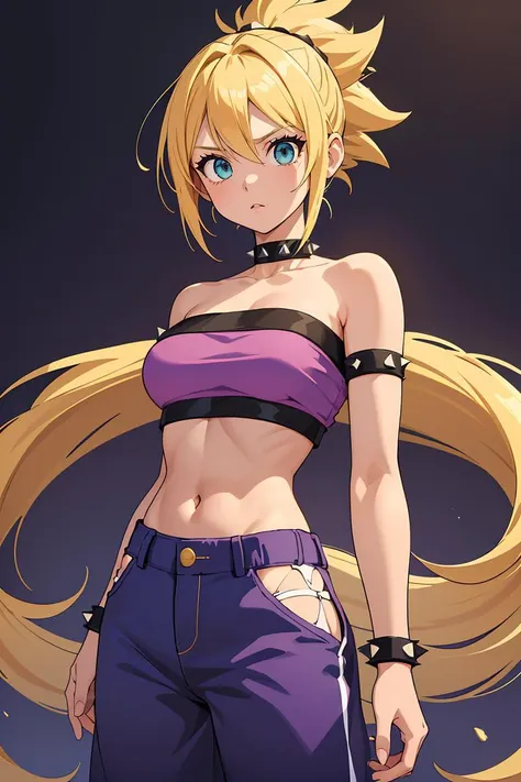 (masterpiece, best quality), 1girl,   <lora:DBS_CauliflaSSJ_v1:1> cauliflassj, 1girl, solo, aqua eyes, blonde hair, spiked hair, big hair, super saiyan, bare shoulders, midriff, pnk top, crop top, strapless, tube top, bandeau, purple pants, baggy pants, puffy pants, black wristband,