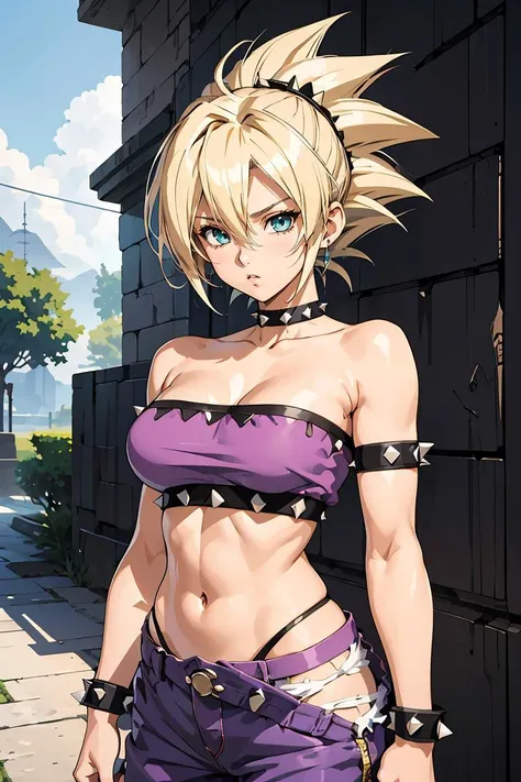 (masterpiece, best quality), 1girl,   <lora:DBS_CauliflaSSJ_v1:1> cauliflassj, 1girl, solo, aqua eyes, blonde hair, spiked hair, big hair, super saiyan, bare shoulders, midriff, pnk top, crop top, strapless, tube top, bandeau, purple pants, baggy pants, puffy pants, black wristband,