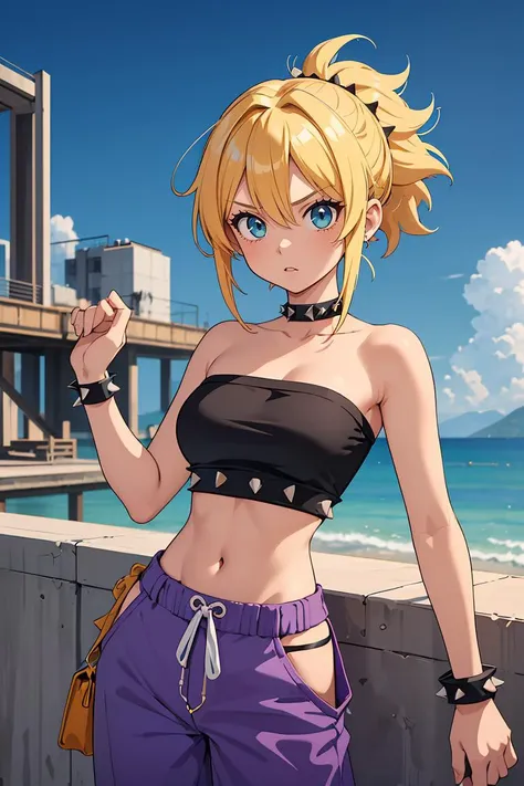 (masterpiece, best quality), 1girl,   <lora:DBS_CauliflaSSJ_v1:1> cauliflassj, 1girl, solo, aqua eyes, blonde hair, spiked hair, big hair, super saiyan, bare shoulders, midriff, pnk top, crop top, strapless, tube top, bandeau, purple pants, baggy pants, puffy pants, black wristband,