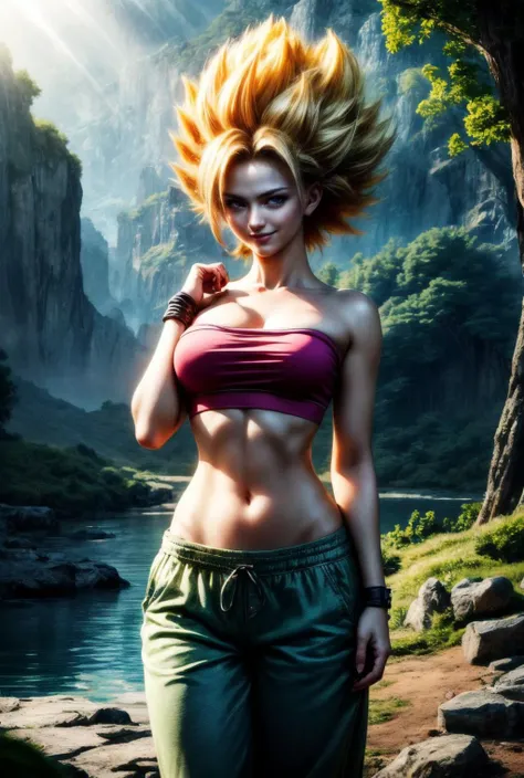 ((masterpiece, best quality, 4k, detailed, realistic)),(highres), perfect body, (a cute young woman,large_breasts, cauliflassj, 1girl, solo, aqua eyes, blonde hair, spiked hair, big hair, super saiyan, bare shoulders, midriff, pnk top, crop top, strapless, tube top, bandeau, purple pants, baggy pants, puffy pants, black wristband, smile,closed mouth,cowboy shot,<lora:DBS_CauliflaSSJ_v1:0.9>, standing),<lora:age_slider_v6:-1>,looking at viewer, happy,absurdres, narrow hips, thick thighs,fit body,detailed face, detailed background, detailed hair, BREAK  <lora:LORA-XenoDetailer-v3:0.3>, <lora:more_details:1>,(in a forest with river and mountain and a superb atmosphere and with rays of light passing through the leaves of the trees),standing pose, dynamic angle, outdoor,<lora:FantasyForest:0.7>