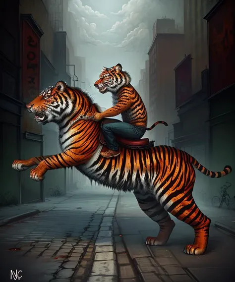 riding a zombie tiger, masterpiece by ncwinters, in the city streets, <lora:ncwinters-12:1>