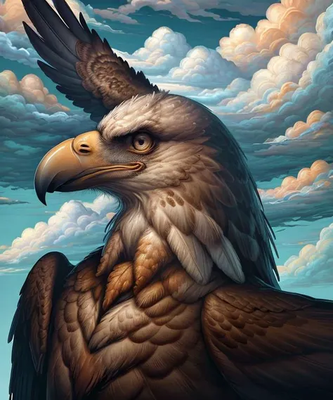 eagle surreal closeup, masterpiece by ncwinters, in the mystical clouds, <lora:ncwinters-12:1>