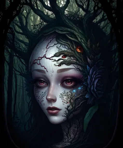 woman surreal closeup, masterpiece by ncwinters, in mystic forest, <lora:ncwinters-12:1>