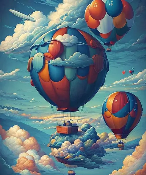balloons and an airplane flying high, masterpiece by ncwinters, in the mystical clouds, <lora:ncwinters-12:1>