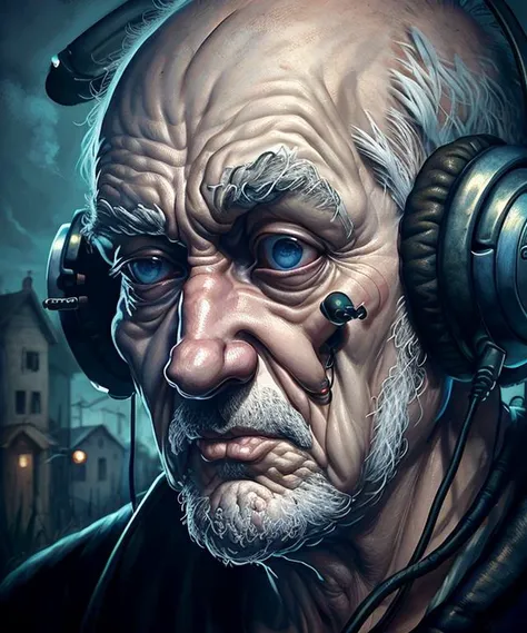 videogame character surreal closeup, old man with earphones, masterpiece by ncwinters, in the mystical rural town, <lora:ncwinters-12-v2:1>