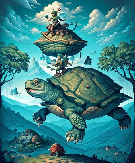 elf male warrior riding a huge turtle, surreal, masterpiece by ncwinters, in the mystical rural town, <lora:ncwinters-12-v2:1>