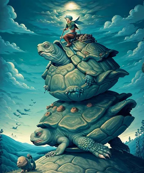 elf male warrior riding a huge turtle, surreal, masterpiece by ncwinters, in the mystical rural town, <lora:ncwinters-12-v2:1>
