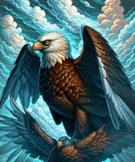 eagle surreal closeup, masterpiece by ncwinters, in the mystical clouds, <lora:ncwinters-12-v2:1>