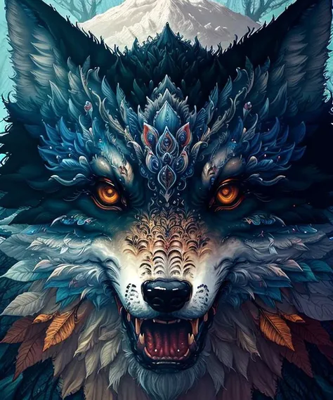 wolf surreal closeup, masterpiece by ncwinters, in the mystical mountains, <lora:ncwinters-12-v2:1>