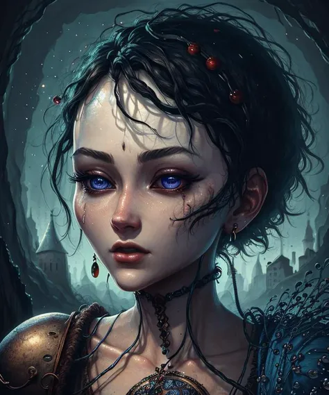 videogame character surreal closeup, masterpiece by ncwinters, in the mystical town, <lora:ncwinters-12-v2:1>