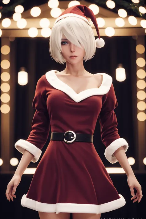 cinematic photo Best quality,masterpiece,ultra high res,1girl,yorha2b,(santa costume:1.2),santa hat,christmas, . 35mm photograph, film, bokeh, professional, 4k, highly detailed