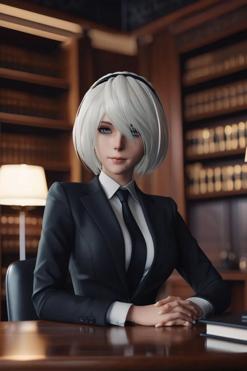 cinematic photo yorha2b,<lora:yorha2b_sdxl_V10-000008:0.65>,looking at viewer,business suit,office,sitting,wooden desk,window, bookshelf, . 35mm photograph, film, bokeh, professional, 4k, highly detailed