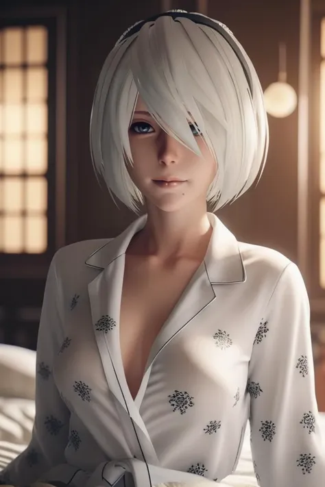 cinematic photo yorha2b,<lora:yorha2b_sdxl_V10-000008:0.65>,looking at viewer,sunny day,smirking,pajamas, bedroom . 35mm photograph, film, bokeh, professional, 4k, highly detailed