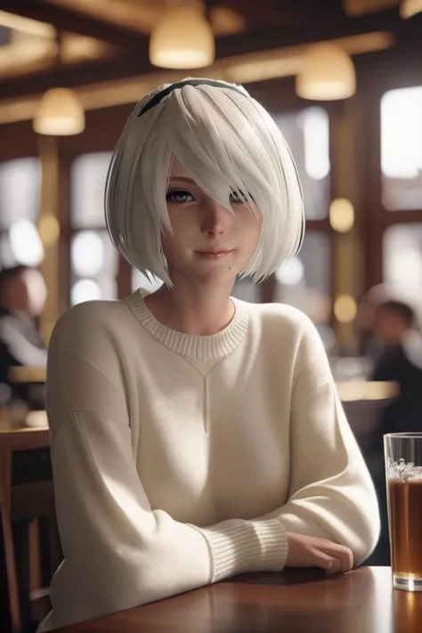 cinematic photo yorha2b,<lora:yorha2b_sdxl_V10-000008:0.65>,looking at viewer,smirking,full body,beige_sweater,restaurant,drinking glass,meal,people in background,windows, . 35mm photograph, film, bokeh, professional, 4k, highly detailed