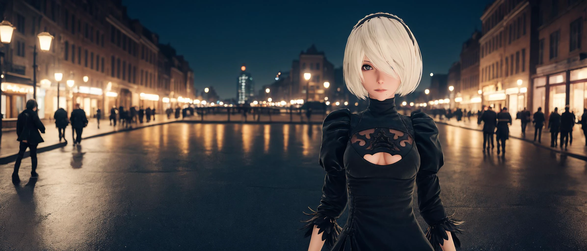 cinematic photo Best quality,masterpiece,ultra high res,1girl,yorha2b,street,city,night, . 35mm photograph, film, bokeh, professional, 4k, highly detailed, <lora:yorha2b_V3_1:0.675>, <lora:weight_slider_v2:-1.25>