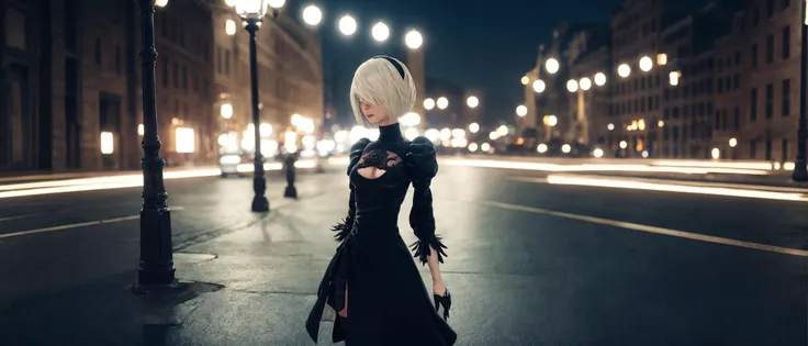 cinematic photo Best quality,masterpiece,ultra high res,1girl,yorha2b,street,city,night, . 35mm photograph, film, bokeh, professional, 4k, highly detailed, <lora:yorha2b_V3_1:0.675>, <lora:weight_slider_v2:-1.75>