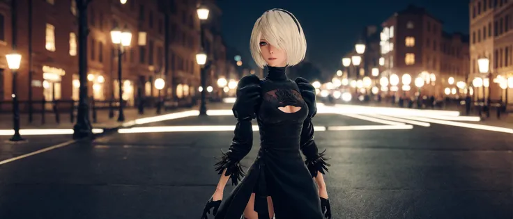 cinematic photo Best quality,masterpiece,ultra high res,1girl,yorha2b,street,city,night, . 35mm photograph, film, bokeh, professional, 4k, highly detailed, <lora:yorha2b_V3_1:0.675>, <lora:weight_slider_v2:-1.25>