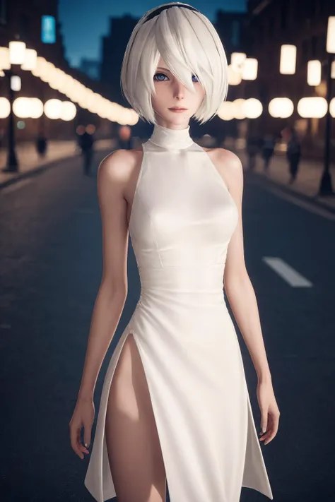 cinematic photo Best quality,masterpiece,ultra high res,1girl,yorha2b,street,city,night,white sleeveless pencil dress,hip slits, . 35mm photograph, film, bokeh, professional, 4k, highly detailed, <lora:yorha2b_V3_1-000009:0.7>, <lora:weight_slider_v2:-1.75>