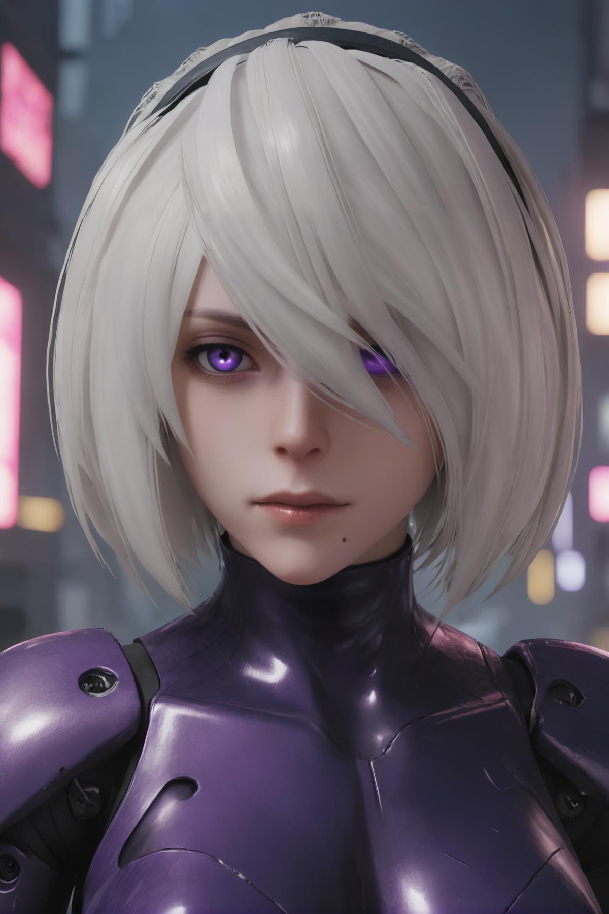 A close up of a person in a purple outfit with a white hair - SeaArt AI