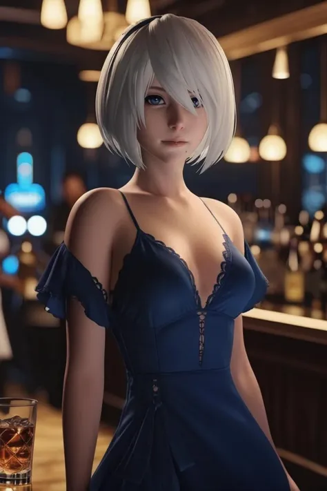 cinematic photo yorha2b,<lora:yorha2b_sdxl_V10-000008:0.65>,looking at viewer,bar,blue nightgown,people in background,bartender, . 35mm photograph, film, bokeh, professional, 4k, highly detailed