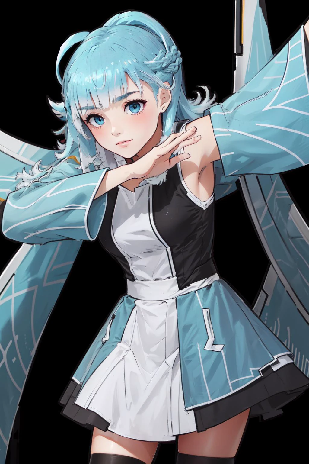 (masterpiece, best quality), intricate details,
1girl, <lora:KoboHolo:0.8> Kobo, Multicolored hair, Aqua eyes, kobo kanaeru, light blue hair, white hair tips,
<lora:concept_dabdance:1> dabdance,