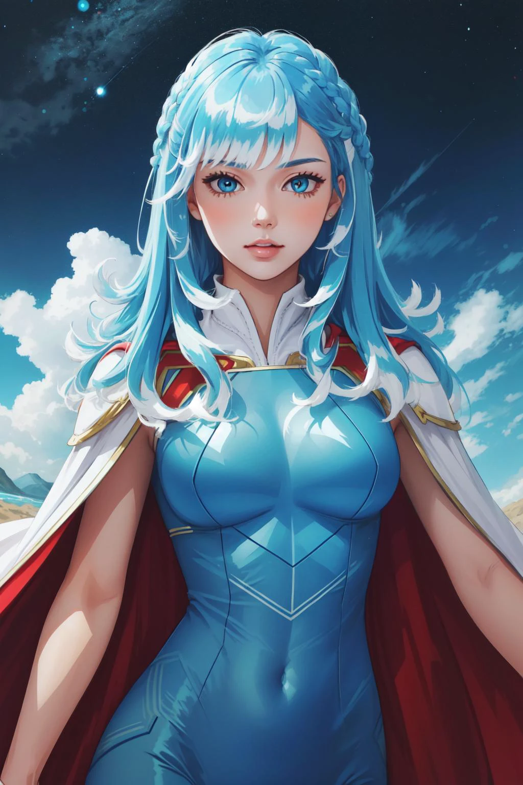 (masterpiece, best quality), intricate details,
1girl, <lora:KoboHolo:0.8> Kobo, Multicolored hair, Aqua eyes, kobo kanaeru, light blue hair, white hair tips,
<lora:attire_superman:0.8> supermansuit, blue bodysuit, cape,