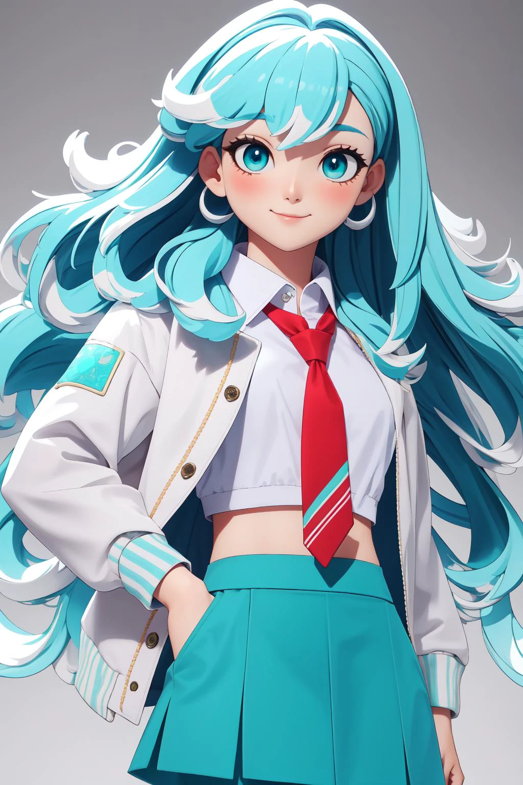 (masterpiece, best quality), intricate details,
1girl, <lora:KoboHolo:0.8> Kobo, Multicolored hair, Aqua eyes, kobo kanaeru, light blue hair, white hair tips,
<lora:attire_uauniforms:0.8> u.a. school uniform, grey jacket, red necktie, green skirt, green pants,
<lora:3DMM_V7:0.8> 3DMM,