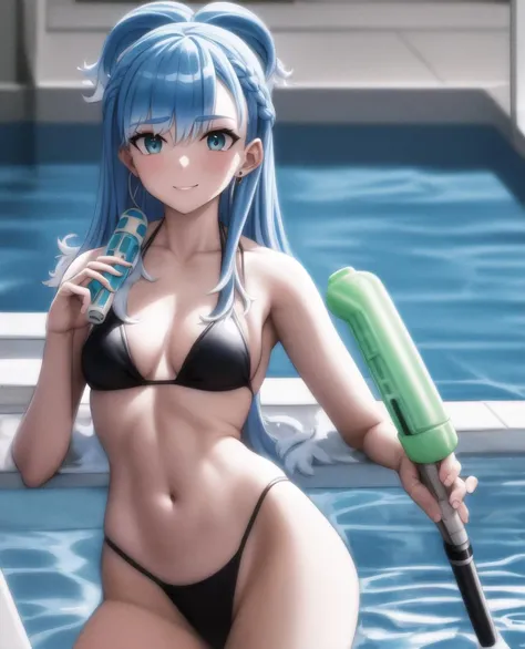 finely detail, 4k, extremely detailed, 8k wallpaper, best quality, soft lighting, tracing, intense shadows, highres, ultra-detailed, illustration,colorful, masterpiece, best quality, best shadow, goddess, 1girl, solo, (Kobo), cute face, perfect fingers, (small breasts:1.2), aqua eyes, point earrings, multicolored hair, long hair, bikini, holding weapon, water gun, slender body, public, swimming pool, water park, looking at viewer, upper body, <lora:KoboHolo:1>