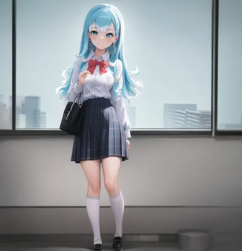 best quality, highres, high quality, masterpiece, goddess, 1girl, solo, (Kobo), cute face, perfect fingers, aqua eyes, point earrings, multicolored hair, school uniform, crossed legs, classroom, looking at viewer, <lora:KoboHolo:1>