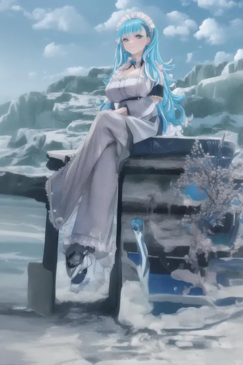 best quality, highres, high quality, masterpiece, goddess, 1girl, solo, (Kobo), cute face, perfect fingers, aqua eyes, point earrings, multicolored hair, cat ears, maid, maid apron, crossed legs, outdoors, looking at viewer, <lora:KoboHolo:1>