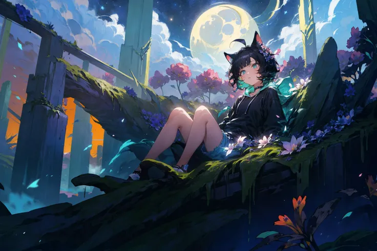 (masterpiece,best quality,highres,ultra_detailed:1.2),
(1girl,solo:1.2),flat_chest,petite,detailed_face,ahoge,detailed_eyes,
(black_hair,short_chopped_hair:1.5), (animal_ears|cat_ears:1.3),aqua_eyes, (black_hoodie,oversized:1.2),choker,long_bangs,(hood_down),denim_shorts,sneakers,
(detailed_background),landscape,((night,moon,starry sky,milky_way:1.5)),dark,((flowers:1.6)),
fantasy, light_particles,ruins:0.5, pond|river, stone forest|stone pillars, waterfall, cliff, sakura,floating,<lora:Perfect color:0.8> <lora:add_detail:0.6>
Style-Petal:0.5,mist:0.4,magic, <lora:lightAndShadow_v10:0.3>