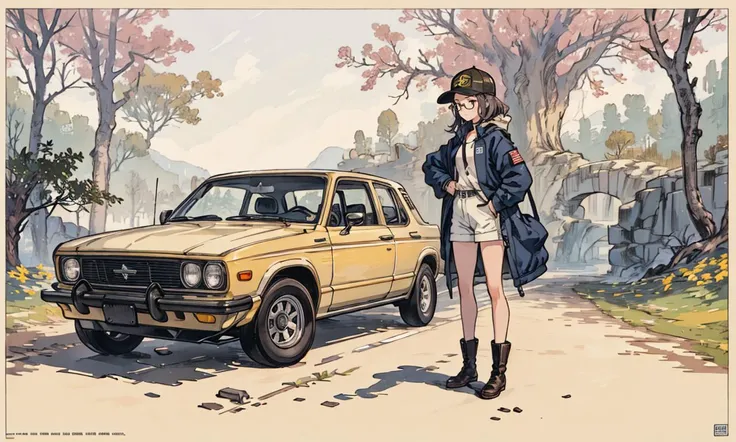 1GIRL, PHOTO OF A RACING QUEEN, in a racetrack. tall girl, WEARING TRUCKER HAT, aviator GLASSES, IN FRONT OF HER sports CAR, Mauve theme, FULL BODY SHOT, cowboy shot, masterpiece, best quality, playful pose <lora:80s Poster Style v2:0.25> 1980s movieer <lora:Chromatic_Taleweaver:0.25> Chromatic_Taleweaver <lora:aki:0.15> alphonse mucha <lora:Painted_poster_V1-000035_1_pp:0.25> Painted poster<lora:EF-GoodHands-beta2:0.5><lora:EF-GoodHands-beta2:0.5> <lora:Perfect Color:0.5> <lora:Scene:0.5> scene
