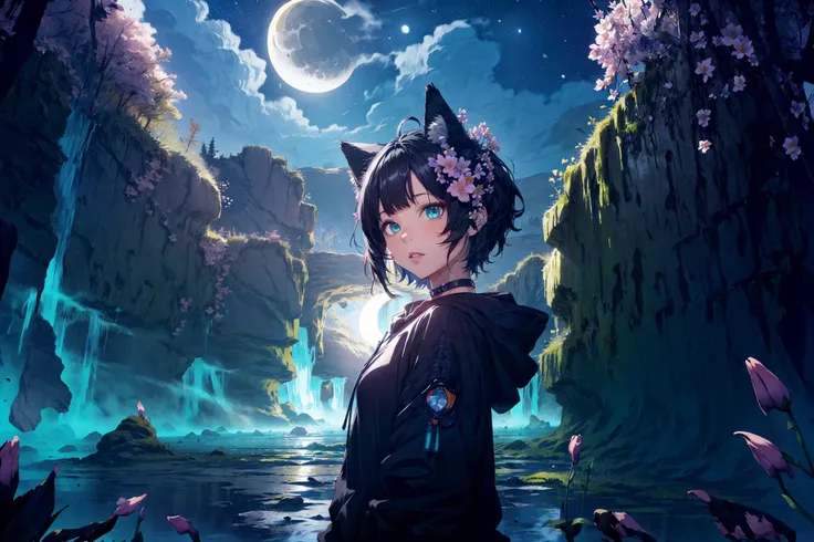 (masterpiece,best quality,highres,ultra_detailed:1.2),
(1girl,solo:1.2),flat_chest,petite,detailed_face,ahoge,detailed_eyes,
(black_hair,short_chopped_hair:1.5), (animal_ears|cat_ears:1.3),aqua_eyes, (black_hoodie,oversized:1.2),choker,long_bangs,(hood_down),denim_shorts,sneakers,
(detailed_background),landscape,((night,moon,starry sky,milky_way:1.5)),dark,((flowers:1.6)),
fantasy, light_particles,ruins:0.5, pond|river, stone forest|stone pillars, waterfall, cliff, sakura,floating,<lora:Perfect color:0.8> <lora:add_detail:0.6>
Style-Petal:0.5,mist:0.4,magic, <lora:lightAndShadow_v10:0.3>