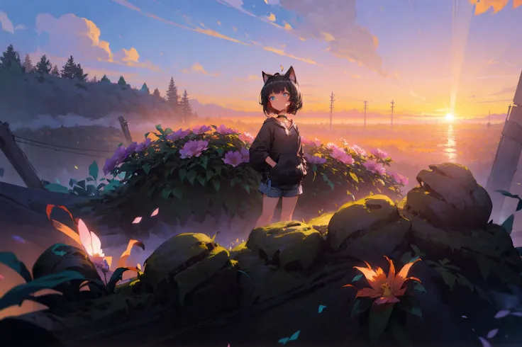 (masterpiece,best quality,highres,ultra_detailed:1.2),
(1girl,solo),flat_chest,petite,detailed_face,ahoge,detailed_eyes,
(black_hair,short_chopped_hair:1.5), (cat_ears:1.1),aqua_eyes, (black_hoodie,oversized:1.2),choker,long_bangs,(hood_down),denim_shorts,
(detailed_background),outdoors,landscape,((night|sunset:1.5)),moon,starry sky,clouds,((flowers:1.6)),forest,
fantasy, light_particles,ancient_ruins:0.5, <lora:Perfect color:0.8> <lora:add_detail:0.6>
Style-Petal:0.5, style-nebmagic