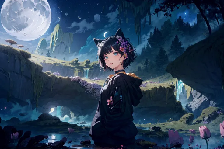 (masterpiece,best quality,highres,ultra_detailed:1.2),
(1girl,solo:1.2),flat_chest,petite,detailed_face,ahoge,detailed_eyes,
(black_hair,short_chopped_hair:1.5), (animal_ears|cat_ears:1.3),aqua_eyes, (black_hoodie,oversized:1.2),choker,long_bangs,(hood_down),denim_shorts,sneakers,
(detailed_background),landscape,((night,moon,starry sky,milky_way:1.5)),dark,((flowers:1.6)),
fantasy, light_particles,ruins:0.5, pond|river, stone forest|stone pillars, waterfall, cliff, sakura,floating,<lora:Perfect color:0.8> <lora:add_detail:0.6>
Style-Petal:0.5,mist:0.4,magic, <lora:lightAndShadow_v10:0.3>