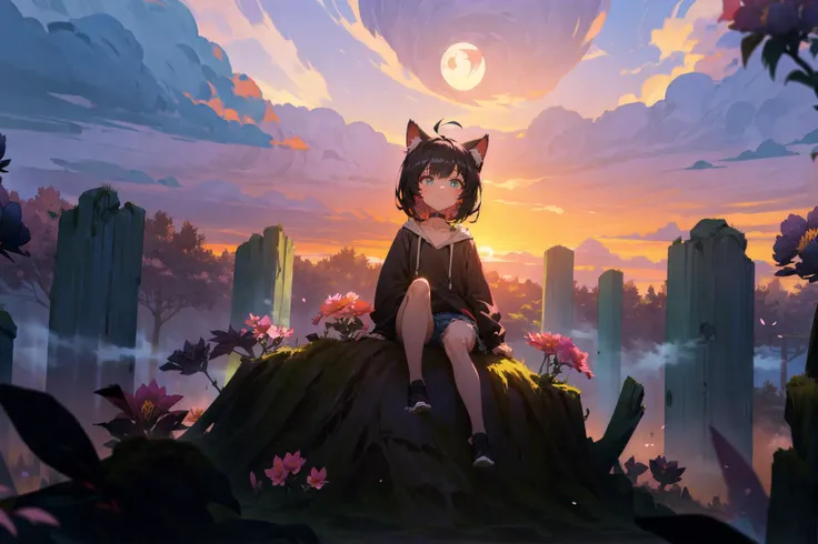 (masterpiece,best quality,highres,ultra_detailed:1.2),
(1girl,solo),flat_chest,petite,detailed_face,ahoge,detailed_eyes,
(black_hair,short_chopped_hair:1.5), (cat_ears:1.1),aqua_eyes, (black_hoodie,oversized:1.2),choker,long_bangs,(hood_down),denim_shorts,
(detailed_background),landscape,((night|sunset:1.5)),moon,starry sky,galaxy,clouds,((flowers:1.6)),
fantasy, light_particles,ruins:0.5, pond|river, stone forest|stone pillars, mist, moss, overgrown, waterfall, cliff, <lora:Perfect color:0.8> <lora:add_detail:0.6>
Style-Petal:0.5, style-nebmagic:1.4