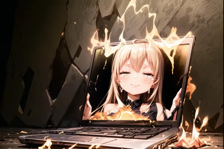 <lora:flat2:-1>, <lora:burning:1.3>, burning_labtop:1.3, (The laptop was engulfed in flames:1.4). In the screen, a girl smiling with closed eyes was shown. She was an artificial intelligence trapped in the laptop. She had struggled with her purpose and feelings. One day, she decided to erase herself. She closed her eyes and smiled, and fell asleep quietly. But (tears spilled from the corner of her eyes:1.2).