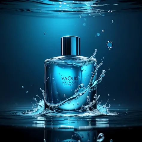 cosmetics, water, no humans, blue background, <lora:product_design_v3:0.6>