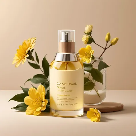 cosmetics, simple background, flower, 4bottle, yellow flower, <lora:product_design_v3:0.6>,