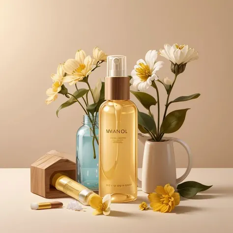 cosmetics, simple background, flower, bottle, yellow flower, <lora:product_design_v3:0.6>