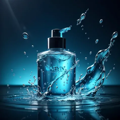 cosmetics, water, no humans, blue background, <lora:product_design_v3:0.6>