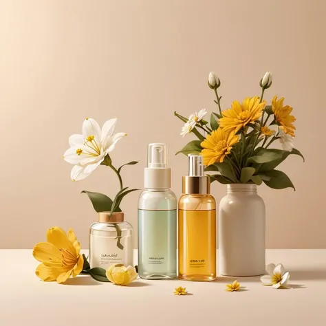 cosmetics, simple background, flower, bottle, yellow flower, <lora:product_design_v3:0.6>
