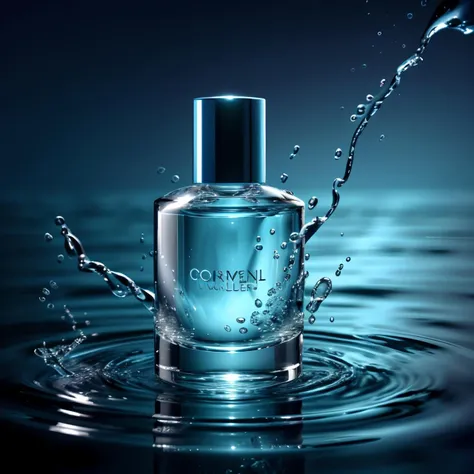 cosmetics, water, no humans, blue background, <lora:product_design_v3:0.6>